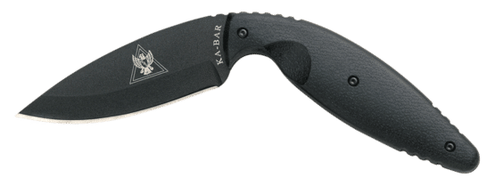 The KA-BAR TDI Fixed Knife has a drop point, stainless steel blade, and a curved handle. It is meant to be worn with the included sheath.